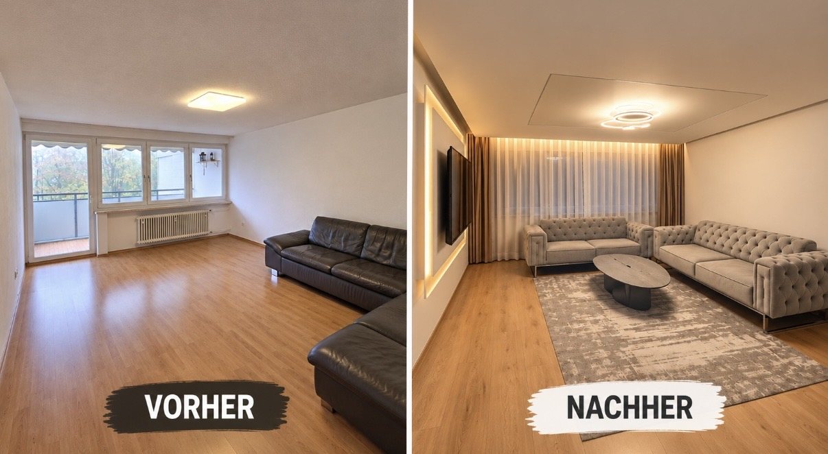 Neuer Holzboden im Wohnzimmer in Waldkraiburg – vorher und nachher