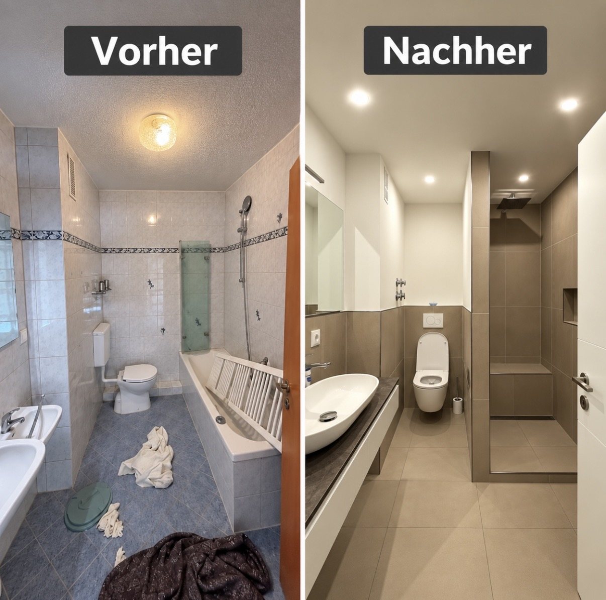 Badsanierung in Waldkraiburg vorher und nachher mit grauen Großformatfliesen