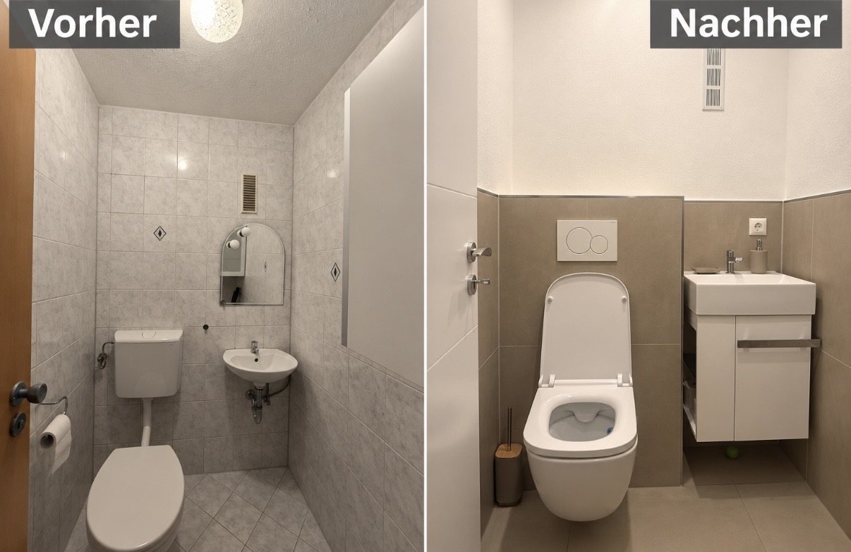 Gäste-WC in Waldkraiburg vor und nach den Fliesenarbeiten mit Wand-WC – E.K. Renovierung