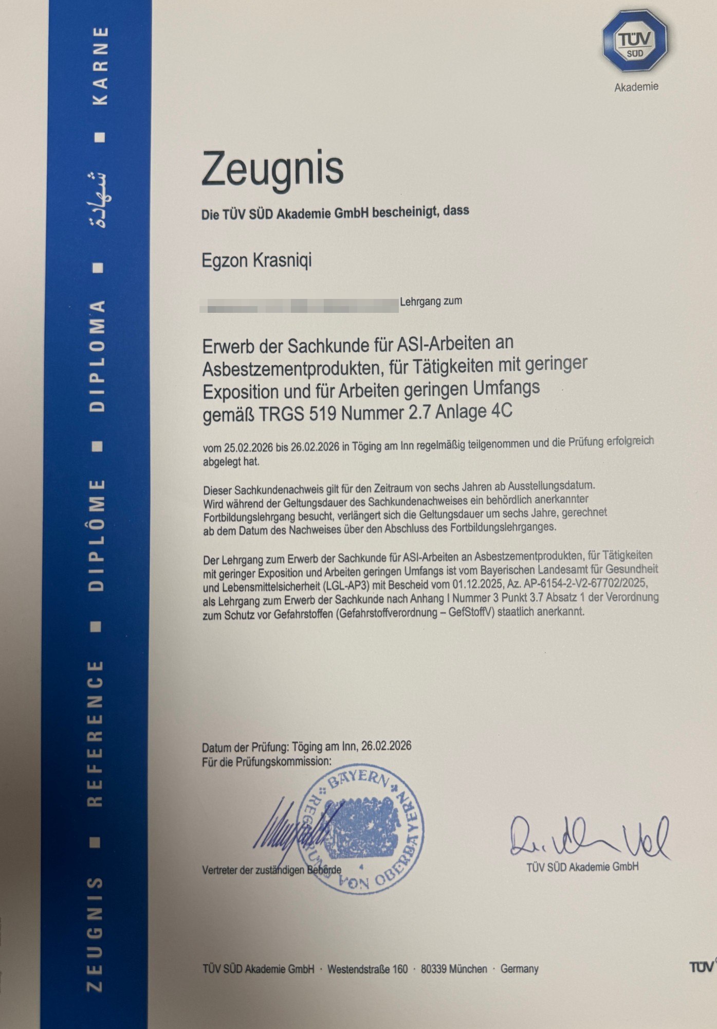 TÜV SÜD Zeugnis: Sachkunde für Arbeiten an Asbestzementprodukten nach TRGS 519 Anlage 4C – Egzon Krasniqi, E.K. Renovierung